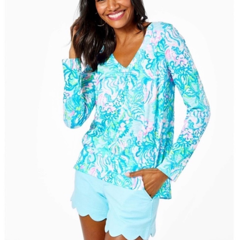 Lilly Pulitzer Etta Long Sleeve Top Blue Ibiza Aqua La Vista Size Small
